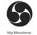 A black and white image of the migi mitsudomoe logo.